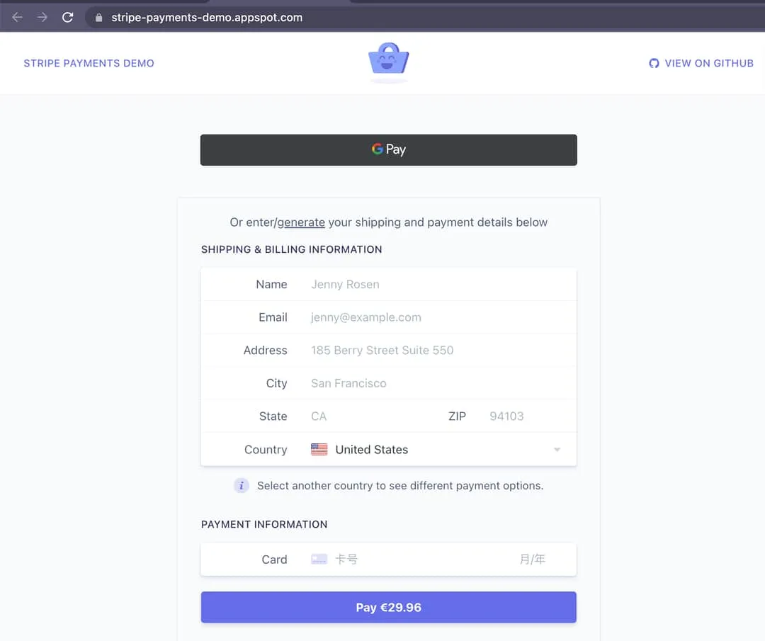 Stripe 支付测试页出现 Google Pay 支付方式