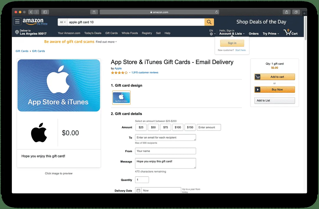 Amazon 礼品卡示意图