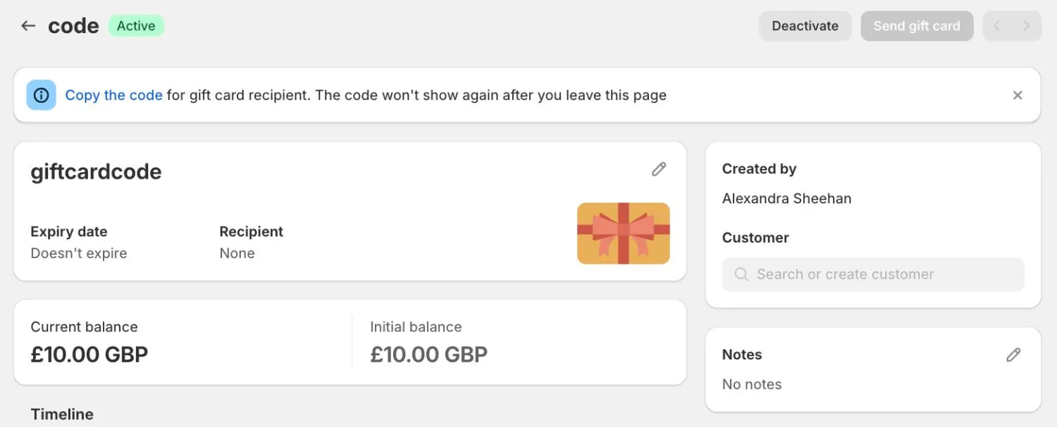 Shopify管理界面礼品卡详情的截图